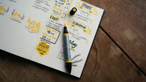 Libreta abierta con anotaciones manuscritas sobre metas y organización del tiempo semanal.
