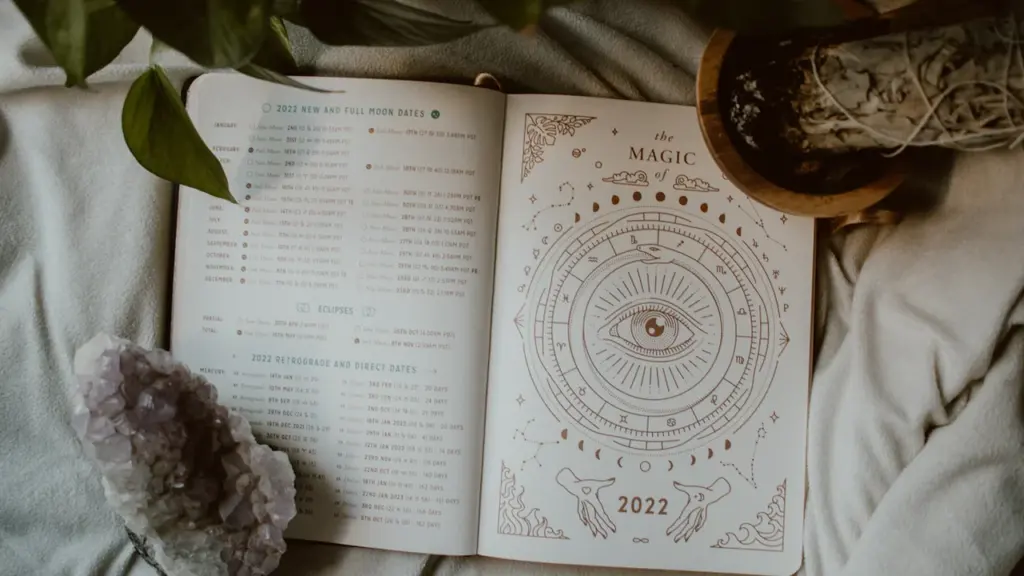 Libro de astrología abierto sobre una cama con cristales y plantas decorativas.
