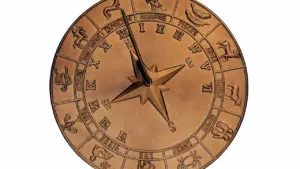 Un reloj solar metálico con los signos del zodiaco grabados en su superficie.
