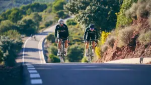 Dos ciclistas profesionales subiendo un puerto de montaña durante una etapa de competición.