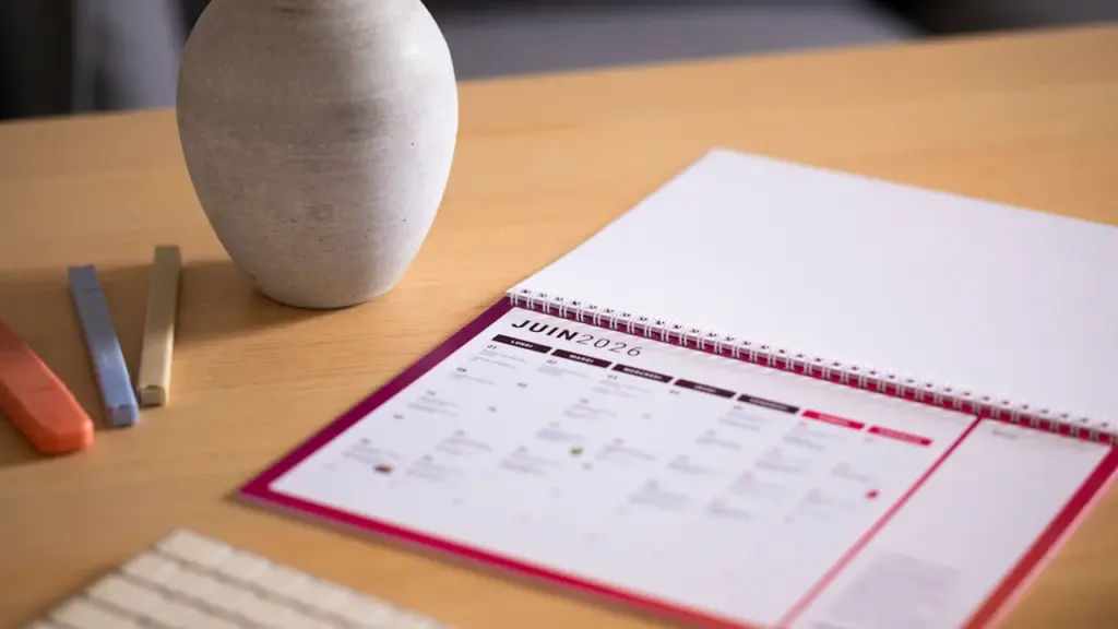 Calendario y jarrón sobre un escritorio de madera, transmitiendo orden y calma.