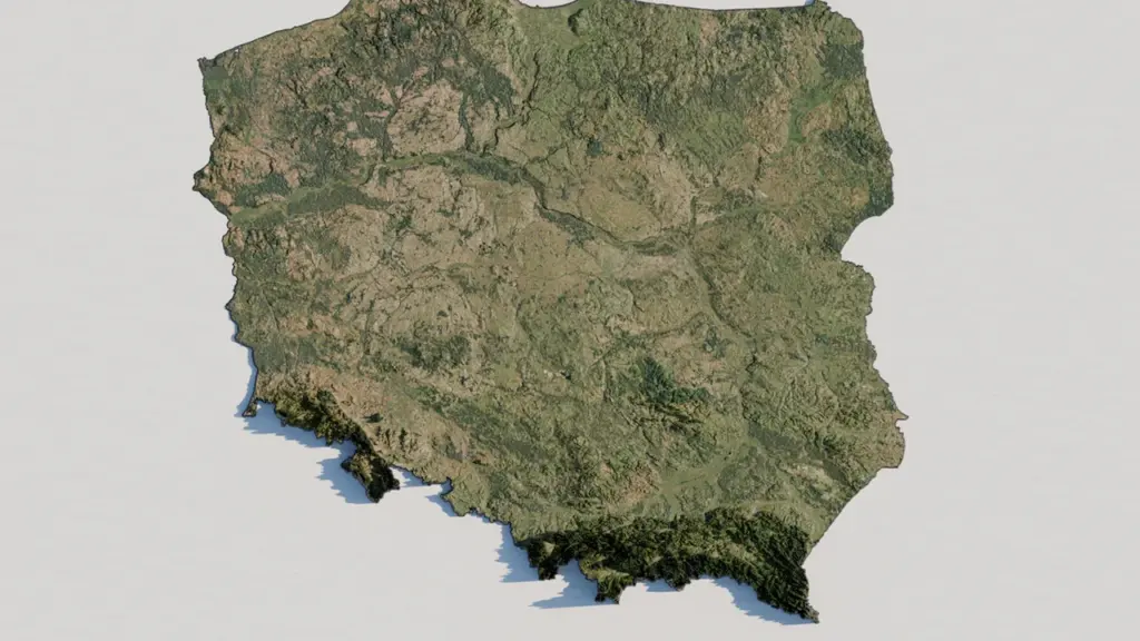Vista satelital tridimensional del mapa de Polonia sobre un fondo blanco neutral.