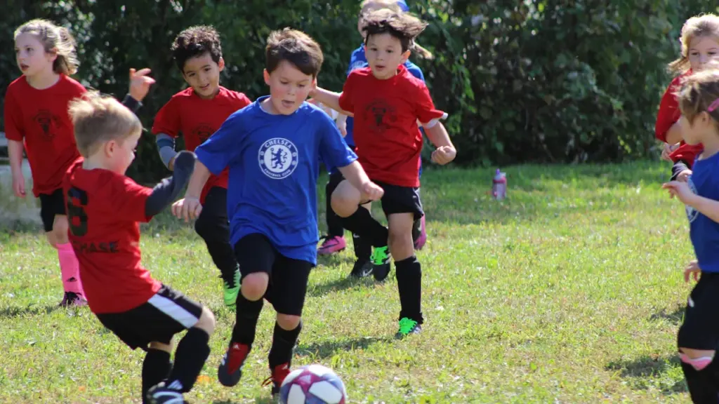 Niños pequeños jugando un partido de fútbol en un campo de césped verde.