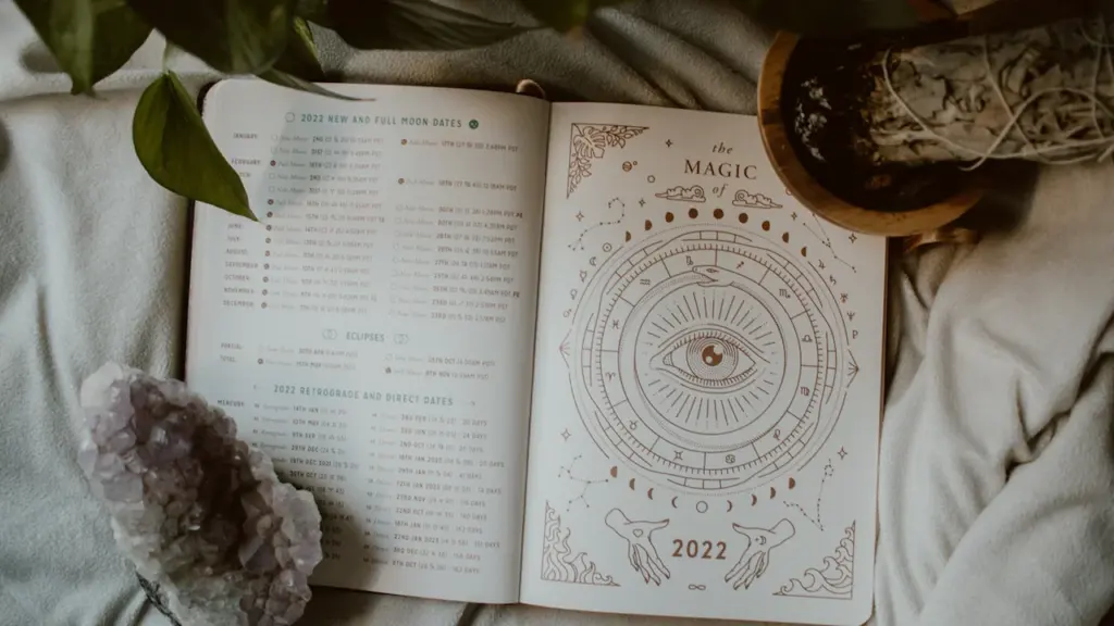 Libro de astrología abierto sobre cama junto a cristal y planta verde.