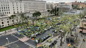 Vista aérea de una manifestación multitudinaria en una calle céntrica de Madrid.