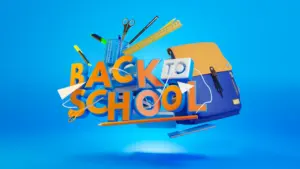 Gráfico 3D con texto Back to School y material escolar sobre fondo azul vibrante.